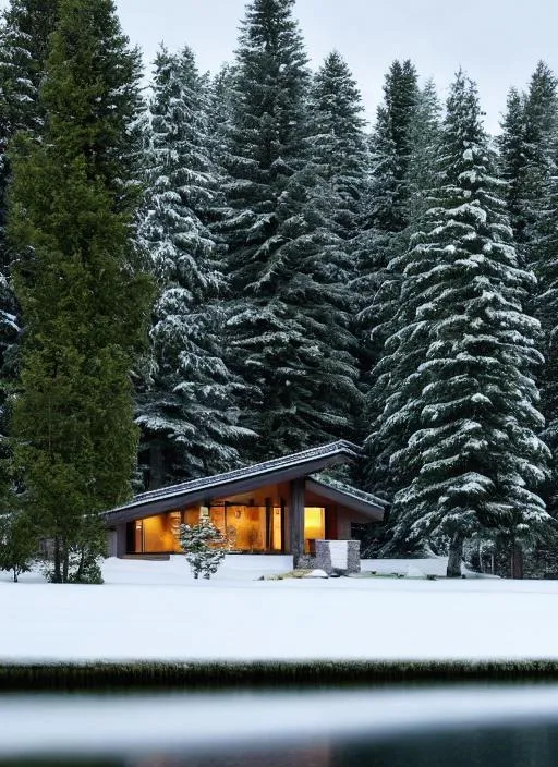 Prompt: Snowing {landscape}, trees, mountains{background}, tree designed modern house, small lake, perfect composition, hyperrealistic, super detailed, 8k, high quality, trending art, trending on artstation, sharp focus, studio photo, intricate details, highly detailed, by juhain Shabo 