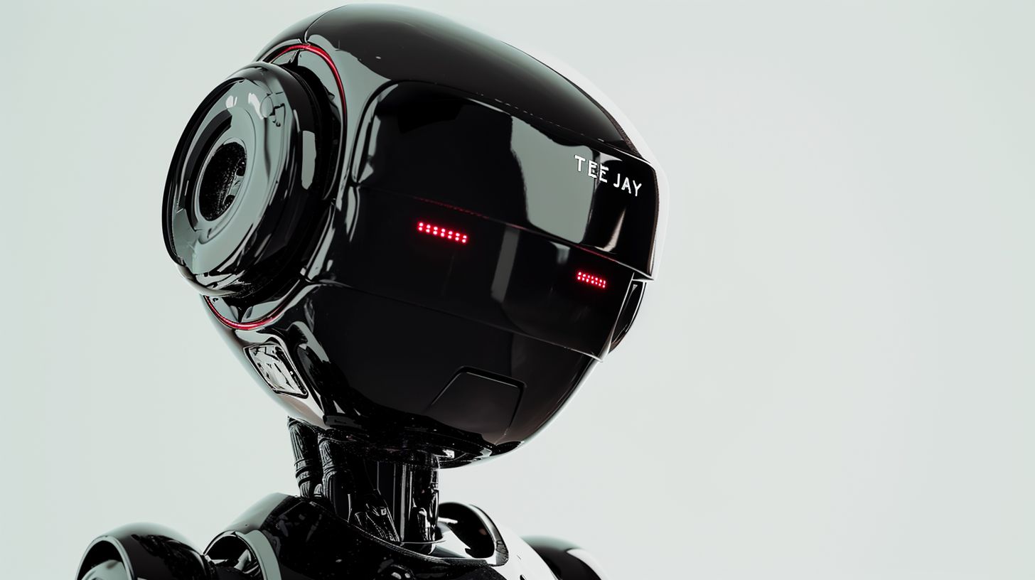 Prompt: black sleek futuristic minimalistic bender robot with red dot visor with the text "TEE JAY"