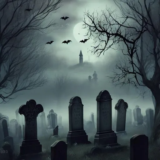 Prompt: busty, witch, Halloween, cemetery, ghosts, illustration, eerie, foggy, bats, tombstones, hills, bats, bones, bare tree