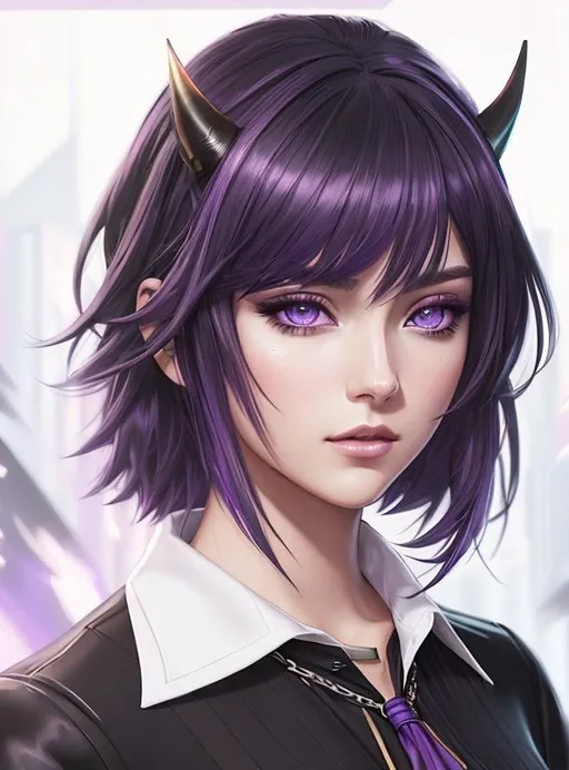 Prompt: illustration art, front, modern fashion, epic Instagram, artstation, hyperdetailed, unreal engine, modern anime anime style, complementary colors, 8k, deviantart masterpiece, oil painting, heavy strokes, young woman, black demon horns, violet hair, purple haze eyes, collared shirt, tight sleeve shirt
