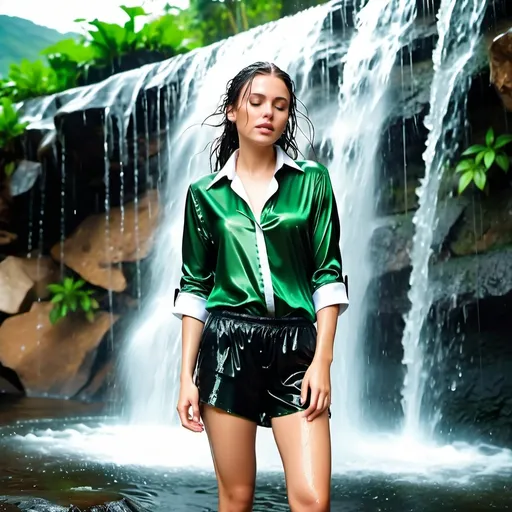 Prompt: photo of young woman, soaking wet clothes, black heels, green satin shirt with white collar and white cuffs,  , standing in waterfall,   enjoying, water dripping from clothes, clothes stuck to body,  detailed textures of the wet fabric, wet face, wet plastered hair,  wet, drenched, professional, high-quality details, full body view 