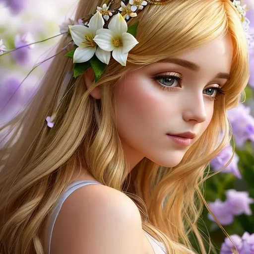 Prompt: fairy goddess of Springtime with golden hair with flowers woven into her hair, ethereal, facial closeup