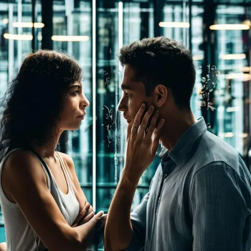 Prompt: man and woman face to face separated by glass, touching glass