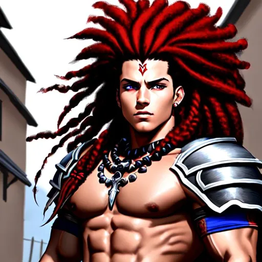 Prompt: NECALLI (STREET FIGHTER V)

Necalli, 17 years old, male,  in outdoor villiage, wearing tribal cueitl armor, red dreadlocks, black hair with highlights, brown eyes, ethereal, jewelry set balayage wild hair, royal vibe, highly detailed, digital painting, Trending on artstation ,tan skin, HD quality, Big Eyes,artgerm, by Ilya Kuvshinov 