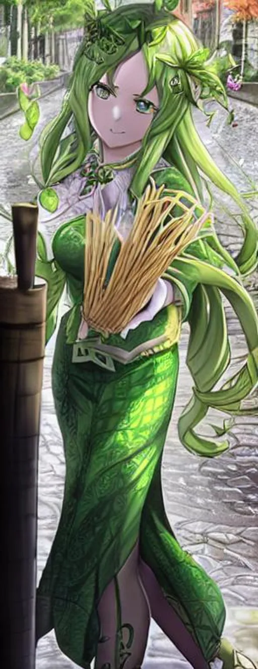 Prompt: Celtic Goddess of Vernal Equinox. Leaf Green Enchantress. Crowd Control.  Pasta Emotional.