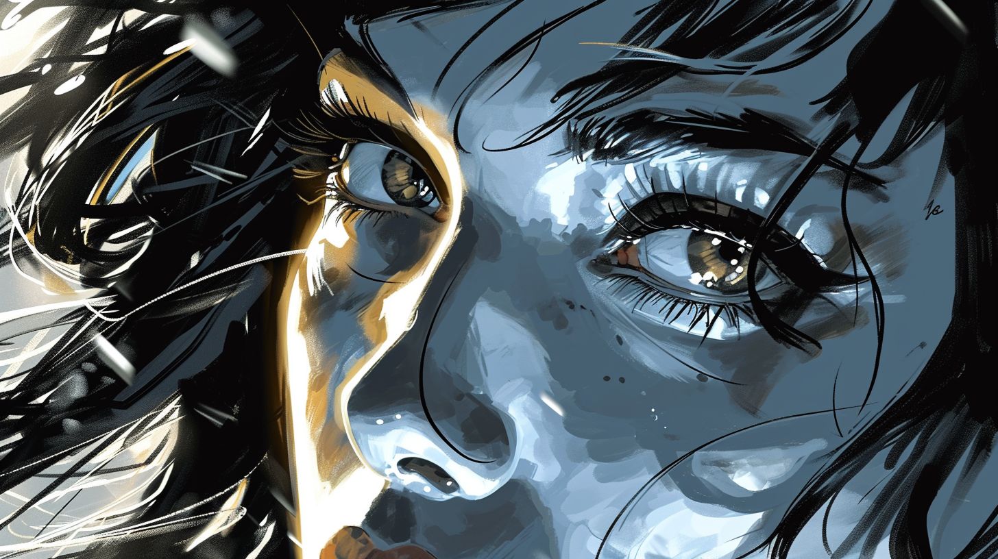 Prompt: Close-up, edge-to-edge depiction of a woman's face in noir comic art style, enriched with light silver and gold accents, and influenced by chicano art.