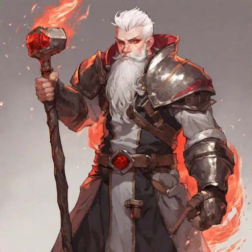 Prompt: Young, male, dwarf, fire red eyes, short beard, white hair, smith, cleric, confident, soft smile, kind, side shave, hammer, scepter, metal working, black smithing, hammer scepter, sparks, ruby