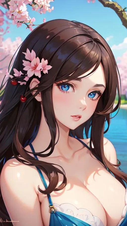 Prompt: beautiful woman, attractive face, perfect blue eyes, short brown wavy hair, detailed mouth and nose, aesthetic, masterpiece, oil painting, upper body picture, old cherry tree, black top