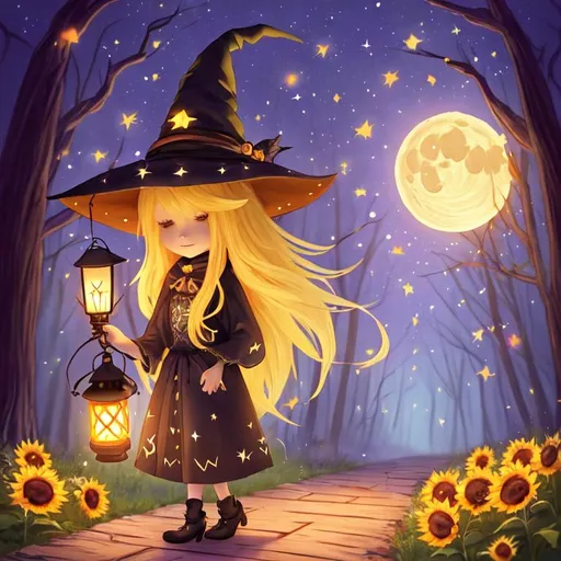 Prompt: witch with long blonde hair, with a lantern, wearing witch hat, cute, sunflower, aesthetic, fairycore, disney, pixar, moon, stars, white dog, witchcraft, in a starry dark sky, beautiful, walking in a forest, sweet, dreamy, rpg, sci-fi, award winning illustration, artstation, highres, glittering, colorful, vibrant, detailed