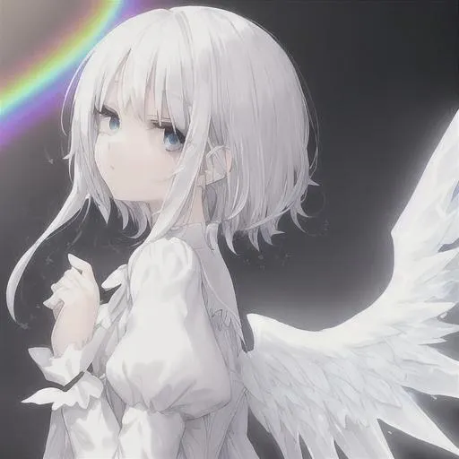 Prompt: white haired girl with beautiful eyes
white dress with hints of rainbow
angel wings with hints of rainbow soft mist