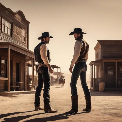 Prompt: Two cowboys standing off against each other in the middle of a western town