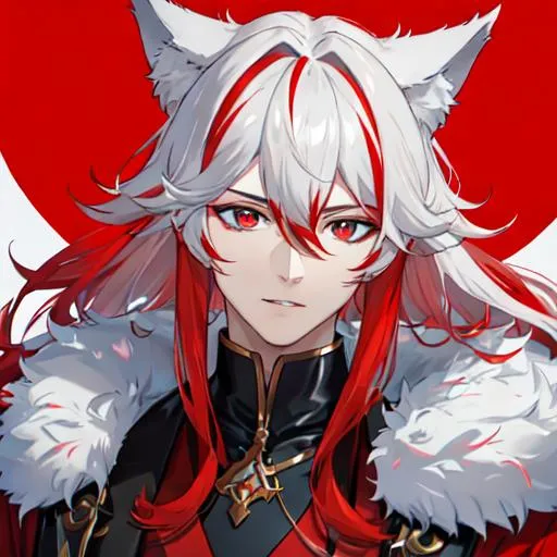 Prompt: Zerif 1male (Red side-swept hair covering his right eye) wearing a wolf outfit, UHD, 8K