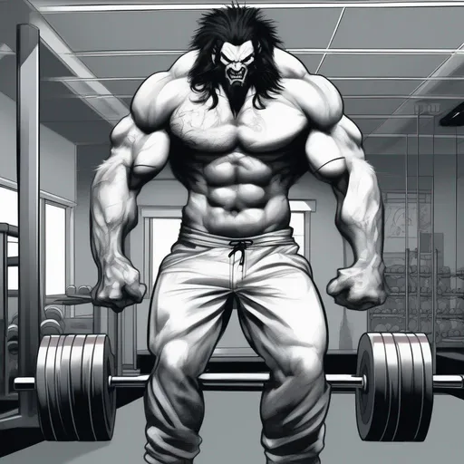 Prompt: Lobo goes to the gym and he is menacing
 