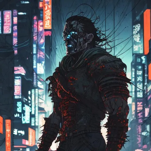 Prompt: muscular face-masked villain. Blood spatters. Very Dark image with lots of shadows. Background partially destroyed neo Tokyo. Noir anime. Gritty. Dirty. Blue and orange Neon accents. Armour