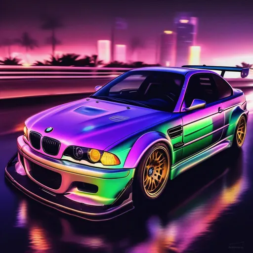 Prompt: 2001 BMW M3 E46 GTR, synthwave, aesthetic cyberpunk, miami, highway, dusk, neon lights, coastal highway, dusk, neon lights, coastal highway, sunset, drift, nurburgring, water on the road, blade runner, 64k, watercolor, macro sharp focus, 8, hyper realistic, cinematic, highly detailed, photoraelistic, clean