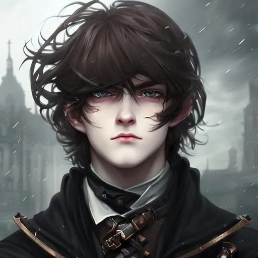 Prompt: handsome young man, blue eyes, uneven long black hair with heavy bangs, pale skin, thin face with sharp features, tired eyes, steampunk style school uniform with black cloak, photo realism, beautifully detailed, epic lighting, octane 