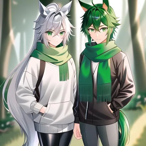 Prompt: Male. masculine build. human animatronic hybrid, with focused emerald eyes. Emerald colored feathery PEGASUS tail. Short dark Green ombre hair. horse ears. adult He wears grey comfy leggings, a white oversized sweater, brown boots. And a green scarf. Anime style. UHD, HD, 4K. In the forest.