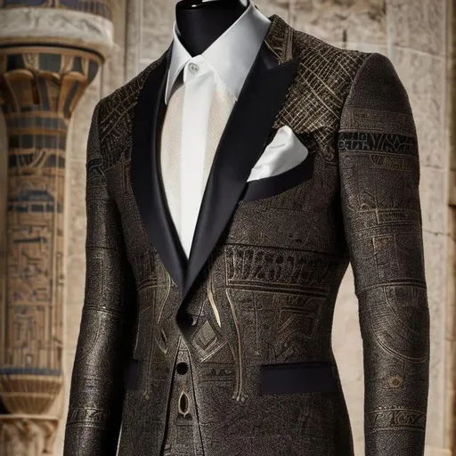 Prompt: A black men's suit filled with pharaonic inscriptions mixed with a modern cut with Italian elegance