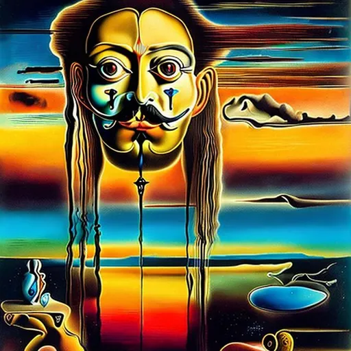 Prompt: Embrace the avant-garde essence of Salvador Dali as you conjure a surreal masterpiece that mirrors the hues of a sunset's embrace. Imagine a world where water and reflections transcend the ordinary, where the realm of the spirit intertwines with the kaleidoscope of twilight.

