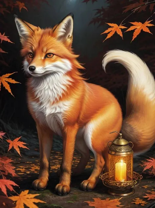 Prompt: masterpiece, epic oil painting, highly detailed, UHD character, UHD background, Adolescent runt fox, 2-foot (quadrupedal canine), female fox, big dreamy amber eyes, 8k eyes, fuzzy golden pelt, copper bracelet with gold etchings, vivid red sugar maples, timid, curious, scrawny, golden anime eyes, billowing gold-white mane, blue frosty fur highlights, warm orange fur highlights, frost on face, dreamy, melodic, beautifully detailed fur, beautifully detailed eyes, beautifully detailed defined face, beautifully detailed background, full body focus, 8k, 16k, intricate detail, highly detailed fur, glistening golden fur, fur sparkling in sun, Anne Stokes, Yuino Chiri, cinematic, highly detailed mouth, unreal engine, artstation, deviantart, intricate facial detail
