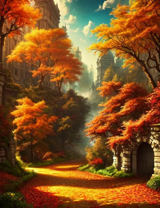 Prompt: rococo styled city in mid-afternoon. It is autumn and the ground is covered with brightly colored leaves.