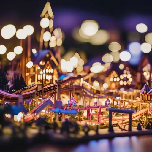Prompt: Tiny wooden theme park, very busy, at night, twinkle lights 