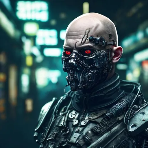 Prompt: A bald man with a ginger beard. 30yrs old. English. Futuristic armour and mask. Bionic eyes and cyber enhancements. Lots of roses, Ferns and mushrooms in background. Dark and edgy with neon accents. Cyberpunk style. Raw. Gritty. Ditry.