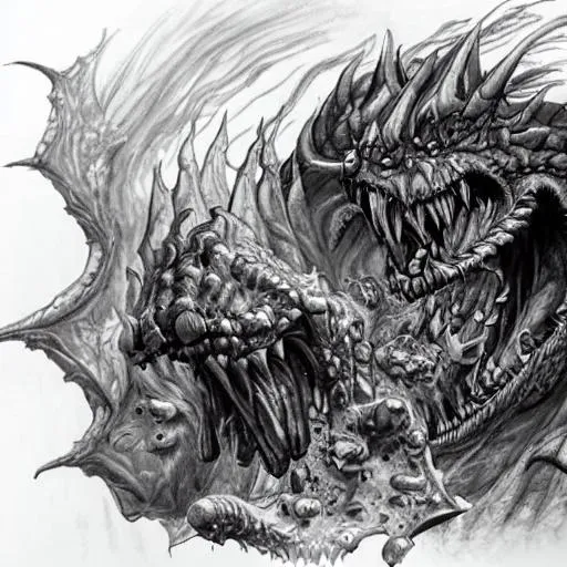 Prompt: Hyperrealistic drawing of a dungeons and dragons      Dragon/hydrating off creatures erupting from the gates of hell