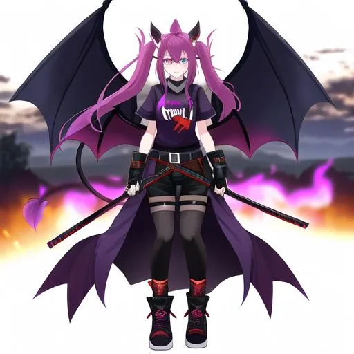 Prompt: Haley  as a demon (multi-color hair) (multi-color eyes)(she has horse ears) holding a katana, fighting, in a gunfight, bullets flying, fighting in a rural area, angry, (demon tail), (demon wings), lunging at the center, flying in the air