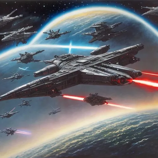 Prompt: Similar to Star Wars, Galactic battle, vintage futuristic ships, starfighters, oil painting, realism, good versus evil, planet in distance, mother ship