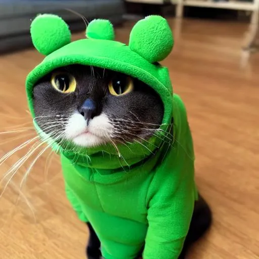Prompt: A cat wearing a green frog suit