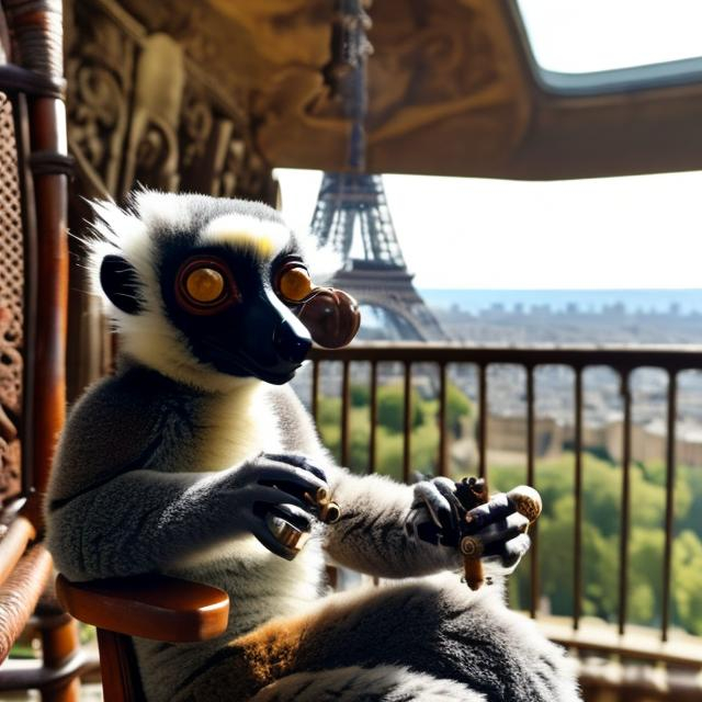 A lemur smoking a pipe in a rocking chair on the Eif...