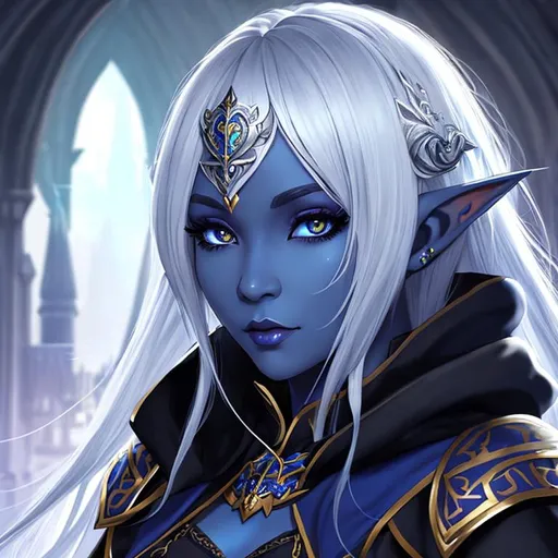 Prompt: half body portrait, female , elf, cleric, drow, dark elf, blue skin, ((blue skin:0.6)), blue pointed ears, detailed face, detailed eyes, full eyelashes, ultra detailed accessories, detailed interior, city background, ((wearing full black robes:0.8)), full caplet and hooded, armored. clothes covering chest, collared shirt, robes covering chest, ((curly hair:0.6)), short hair, bangs, dnd, artwork, dark fantasy, tavern interior, looking outside from a window, inspired by D&D, concept art, night time, ((looking away from viewer:0.9))