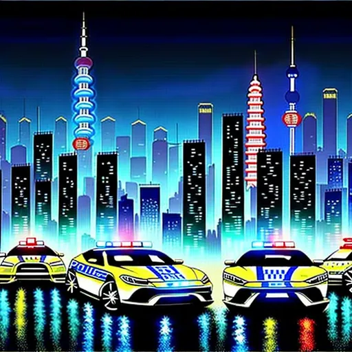 Prompt: Subject: "Police cars"

Creative descriptions: Sleek, blue and white sports cars adorned with Chinese characters and the powerful Chinese characters "坡力士". The police cars are covered only with Chinese characters. Flashing lights illuminate the darkness, casting an eerie glow.

Environment: A bustling city at night, with towering skyscrapers and neon signs reflecting off wet pavements. The streets are alive with a mix of excitement and tension.

Mood/Feelings: A sense of authority and vigilance permeates the air. There's an undercurrent of urgency and anticipation, as if something significant is about to unfold.

Artistic medium/Techniques: The scene captures the interplay of light and shadow, highlighting the contrast between the glowing police cars and the dark cityscape. Long exposure techniques enhance the dynamic movement of the flashing lights.

Artists/Illustrators/Art Movements: Inspired by the works of Edward Hopper, with his mastery of capturing urban solitude, and influenced by the noir aesthetic of film noir and graphic novel illustrations.