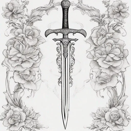 Prompt: Create me a simple straight short sword, the picture should be in black and white, pencil drawn, and a floral border and white background 