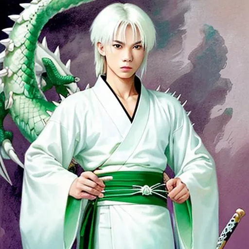 Prompt: Young man. Human. Long white spiky hair. White kimono with green dragon design. Katana. Empty facial expression. 