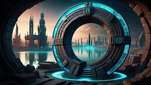 Prompt: magical portal between cities realms worlds kingdoms, circular portal, ring standing on edge, upright ring, freestanding ring, hieroglyphs on ring, complete ring, ancient roman architecture, atlantis setting, blue aurora borealis, panoramic view, dark night, futuristic cyberpunk tech-noir setting