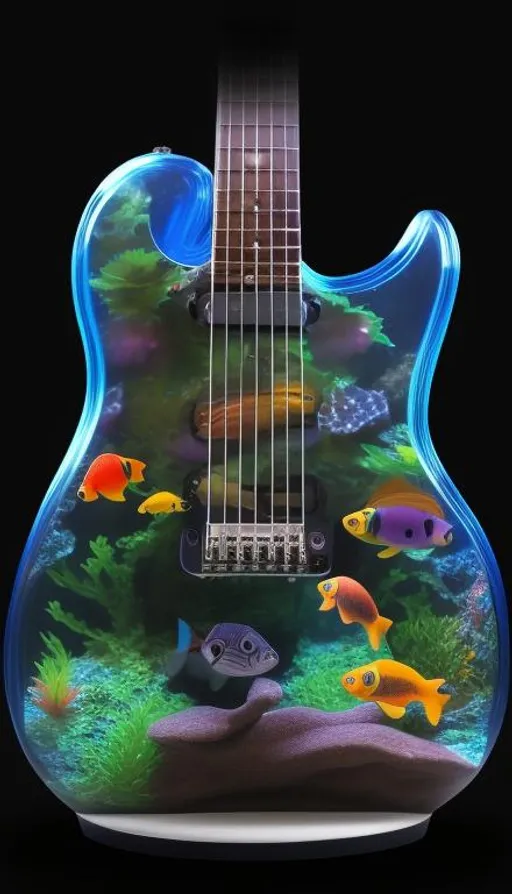 Prompt: An electric guitar shaped aquarium filled with colorful fish and marine plants inside. super clear resolution, high definition, extremely detailed, colorful, 32 k, cinematic postprocessing, crisp quality, 3d, photorealistic, award winning, cinematic lightning