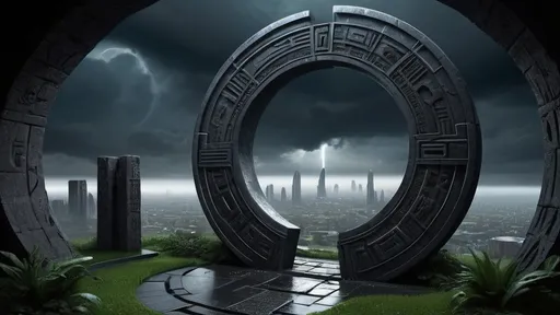 Prompt: magical portal between cities realms worlds kingdoms, circular portal, ring standing on edge, upright ring, freestanding ring, hieroglyphs on ring, complete ring, ancient babylonian architecture, gardens, ruins, turned sideways view, futuristic cyberpunk tech-noir setting, dark night, rain, stormy sky