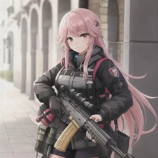 Prompt: una chica pero con un francotirador en la esparda ((((modelo del francotirador:Magnum Sniper Rifle conosido como:AWP)))) (basado de las Armas del couter striker)