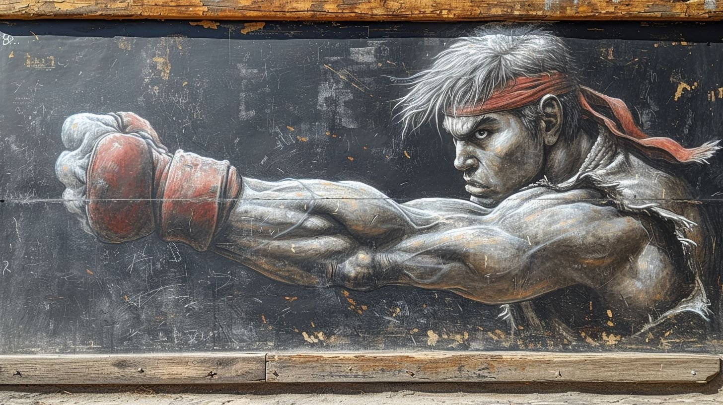 Prompt: white chalk streetfighter 2d game on black