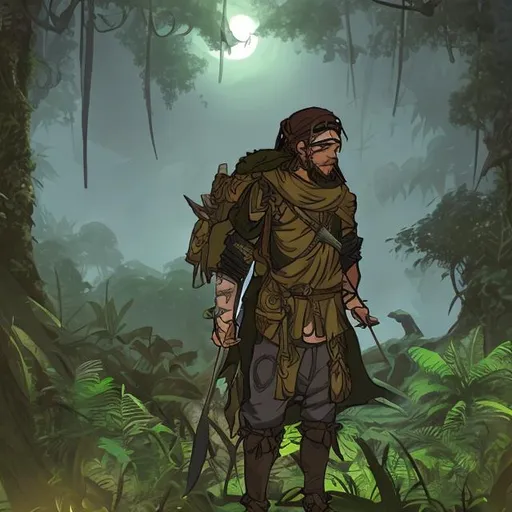 Prompt: anime medieval fantasy. jungle. night time.
Travelling male herbalist. backpack. small pouch. asymmetrical heavy clothing. ground-reaching sleeves,  one bandana and an eyepatch 