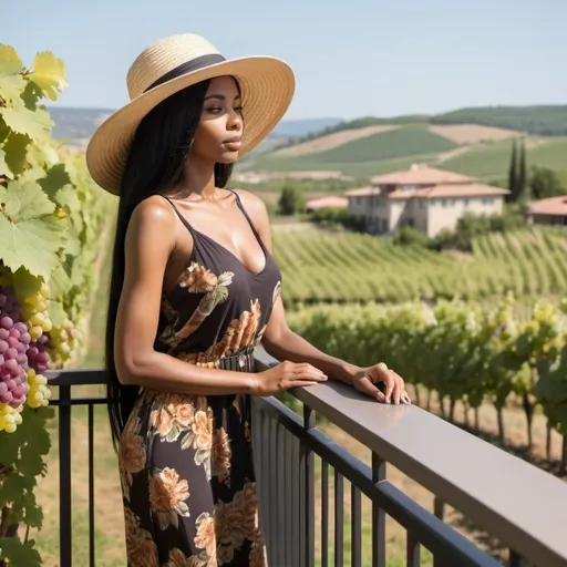 Prompt: african woman, brown skin, long straight black hair, long sundress with flowers print, wearing tan sun hat, 
 woman is on a hotel balcony, a grape vineyard is in the background, side view