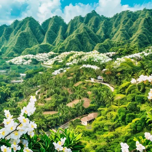 Prompt: Calamansi Groves in full bloom over a lush tropical valley beside a seaside village in acrylic