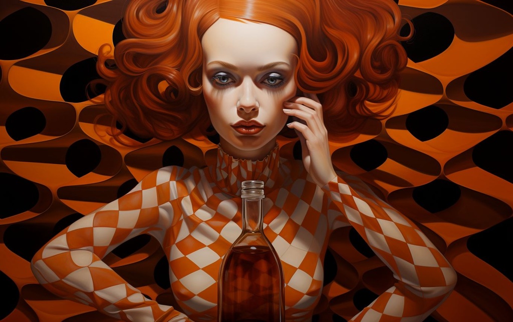 Prompt: 3D checkered pattern with bottle, bottle with a bottle, and head on it, in the style of martine johanna, fluid lines and curves, photographically detailed portraitures, dripping paint, dark amber, elegant, emotive faces, dramatic diagonals