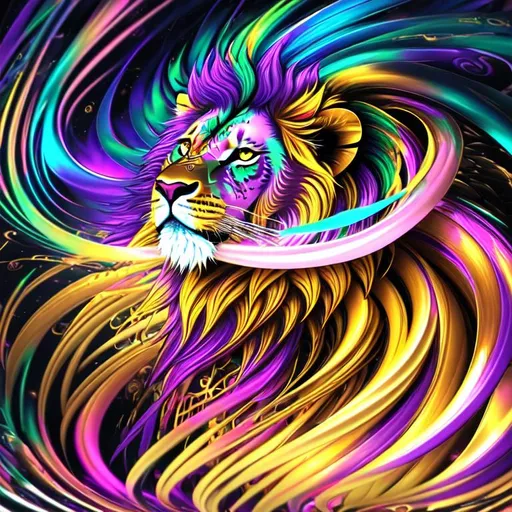 Prompt: beautiful swirl dark chaos vivid bold, 3D, HD, [{one}({liquid metal {African}Lion, (plasma) with {purple gold pink green red silver blood}ink)[::2, expansive psychedelic background --s99500 