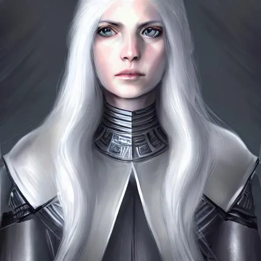 Prompt: portrait of a {person}, smooth pale white soft skin, big silver eyes, beautiful intricate long white colored hair, symmetrical, soft lighting, detailed face, concept art, digital painting, looking into camera, female, star wars, grey officer uniform, staff weapon on back, pretty, dungeons and dragons