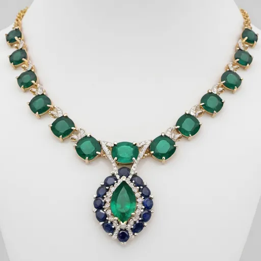 Prompt: A modern on trend emerald and sapphire ladies necklace