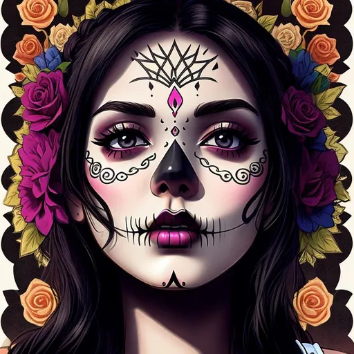Prompt: female day of the dead hand drawn transparent background 