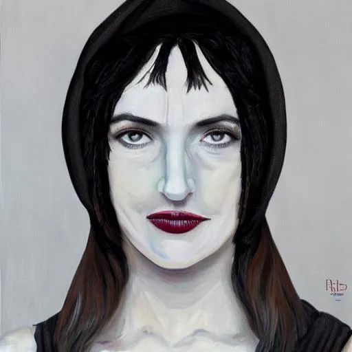 Prompt: hyper realistic portrait painting of black haired 35 year old  white 
woman with slightly up turned hooded hazel eyes and  small pointy nose, dark eyebrows with an arch on the right brow, greying hair with most of the gray on top and the under hair is dark brown, mid height cheek bones, full bottom lip with a smaller upper lip, round face,  eye are symmetrical, birth mark  that is finger print size on the right side of chin